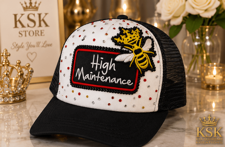 High Maintenance™ Rhinestone Trucker Hat – Kia Supreme Kreations product image 1