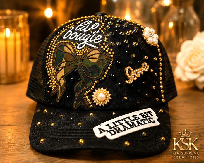 Hustle Luxury Rhinestone Trucker Hat – Handcrafted Statement Bling Mesh Cap - Kia Supreme Kreations
