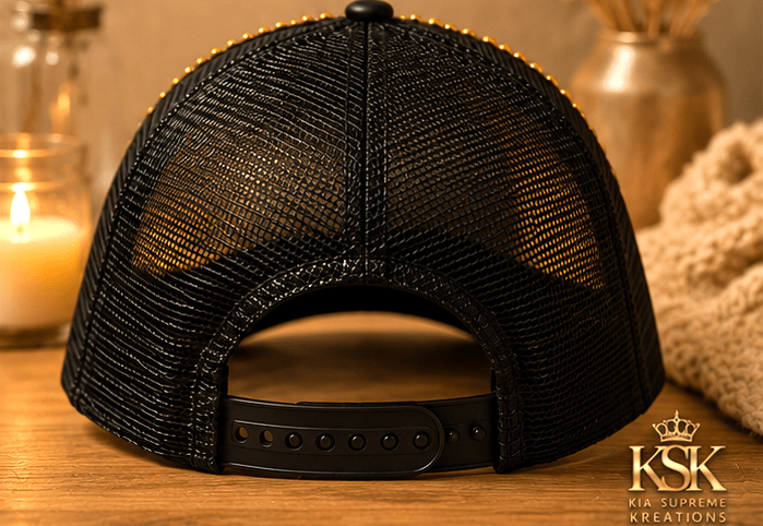 Hustle Luxury Rhinestone Trucker Hat – Handcrafted Statement Bling Mesh Cap - Kia Supreme Kreations