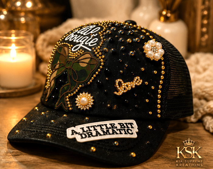 Hustle Luxury Rhinestone Trucker Hat – Handcrafted Statement Bling Mesh Cap - Kia Supreme Kreations