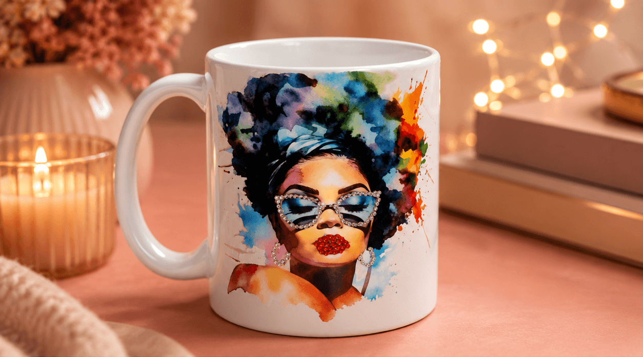 Radiant Queen™ Luxury Fashion Coffee Mug | Elegant Afro Art Ceramic Mug | 15 oz Gift for Women – Kia Supreme Kreations product image 1